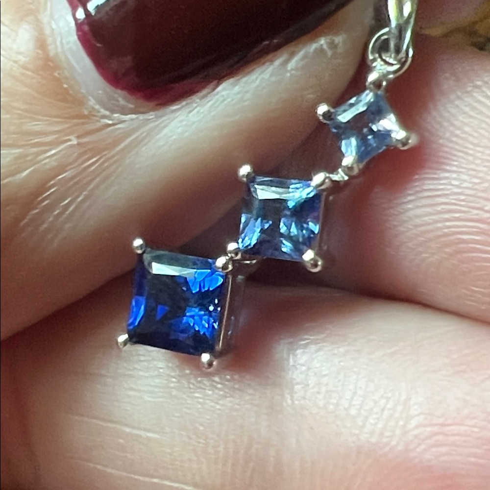 Estate 10K White LGL Pendant w/ Princess Cut Blue Tanzanite & Natural Diamond